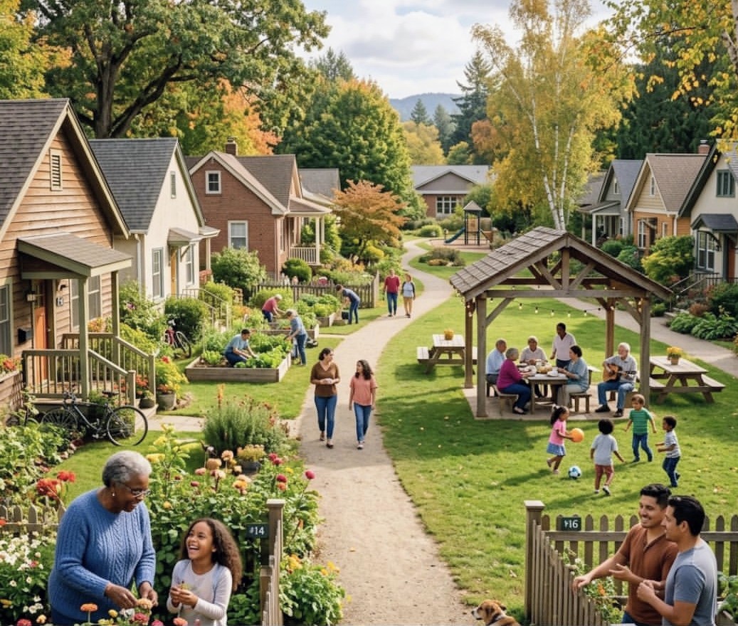 Community Land Trust neighbourhood with small homes, gardens, and shared green space.