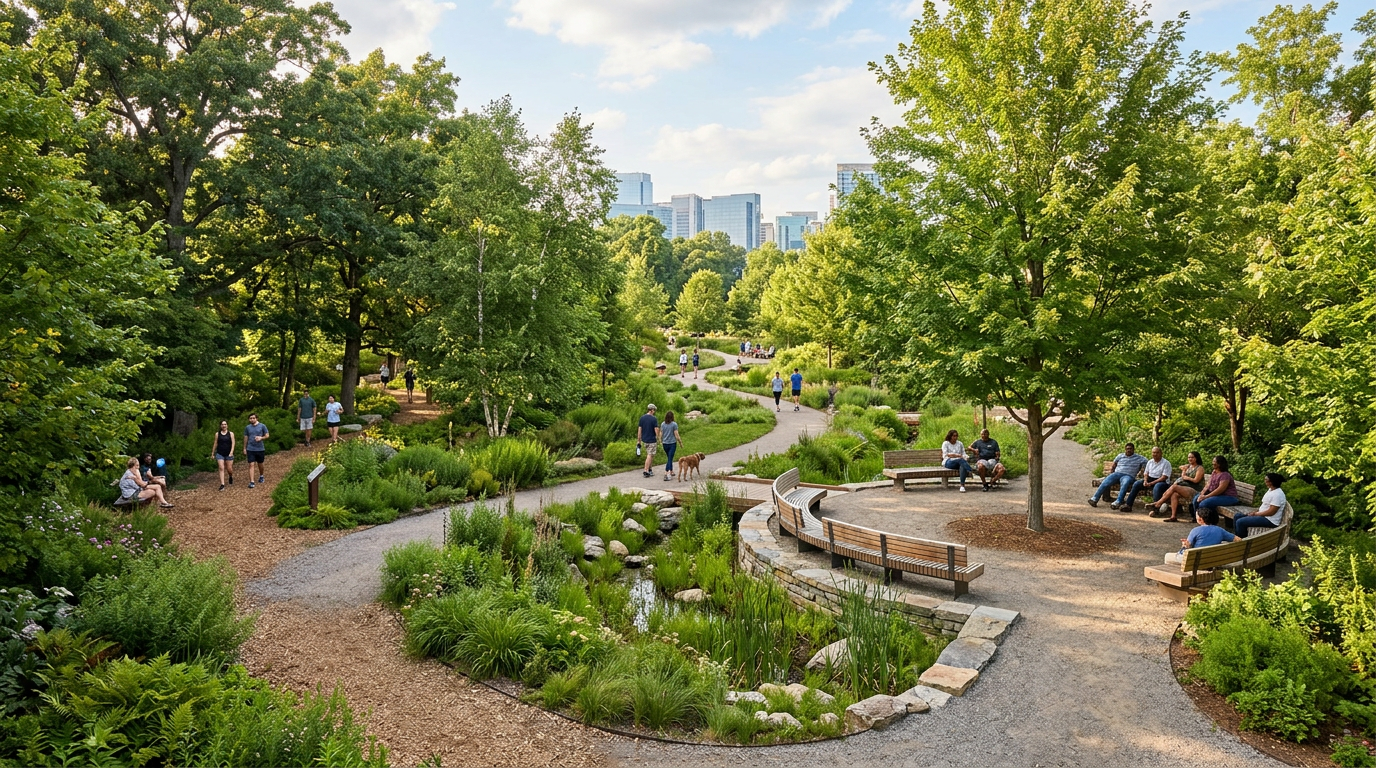 Urban park design rendering showing naturalized pathways, trees, and gathering spaces